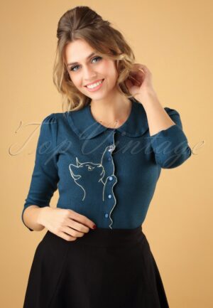 Cat Scallop Collar cardigan in teal