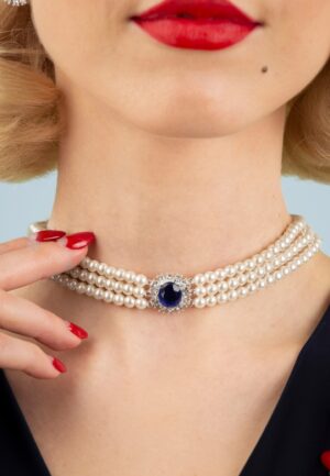 Lady Diana parel choker ketting in saffierblauw