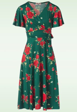 Topvintage exclusive ~ Irene Floral overslag swing jurk in zijdeachtig green
