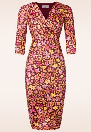 Topvintage exclusive ~ Eliza floral slinky pencil jurk in wijnrood
