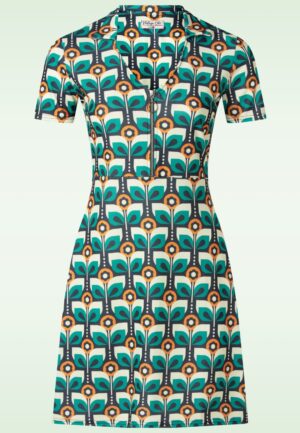 Topvintage exclusive ~ Daisy retro flower jurk in marineblauw en multi