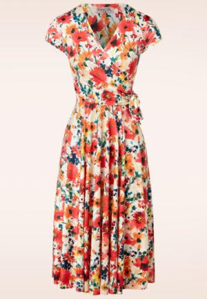 Topvintage exclusive ~ Layla Floral waterverf overslag jurk in crème en multi