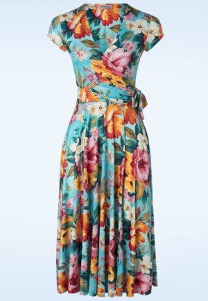 Topvintage exclusive ~ Layla Floral overslag swing jurk in turquoise en multi