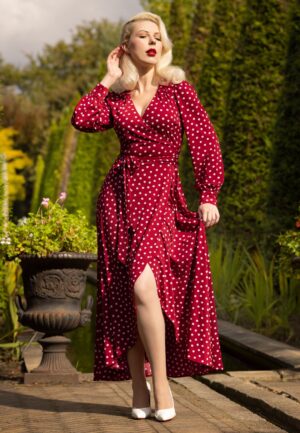 Topvintage exclusive ~ Carina polkadot maxi wikkeljurk in rood en wit