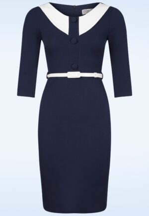 Topvintage exclusive ~ Lori Pencil jurk in navy en wit