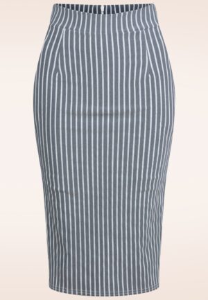 Topvintage exclusive ~ Loreen Bengaline Striped Pencil rok in denim en wit