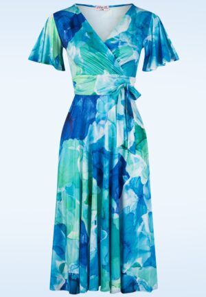 Topvintage exclusive ~ Irene aquarel overslag swing jurk in blauw