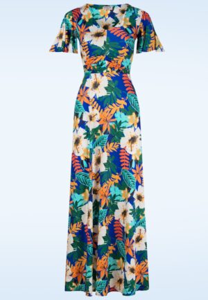 Topvintage exclusive ~ Gracie tropical maxi jurk in kobalt blauw en multi