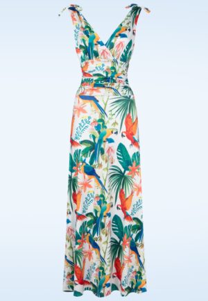 Topvintage exclusive ~ Grecian Tropical Parrot maxi jurk in wit en multi