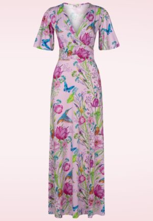 Topvintage exclusive ~ Clara maxi jurk met bloemen en ijsvogels in roze