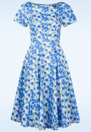 Isabella bloemen swing jurk in wit en korenbloem blauw