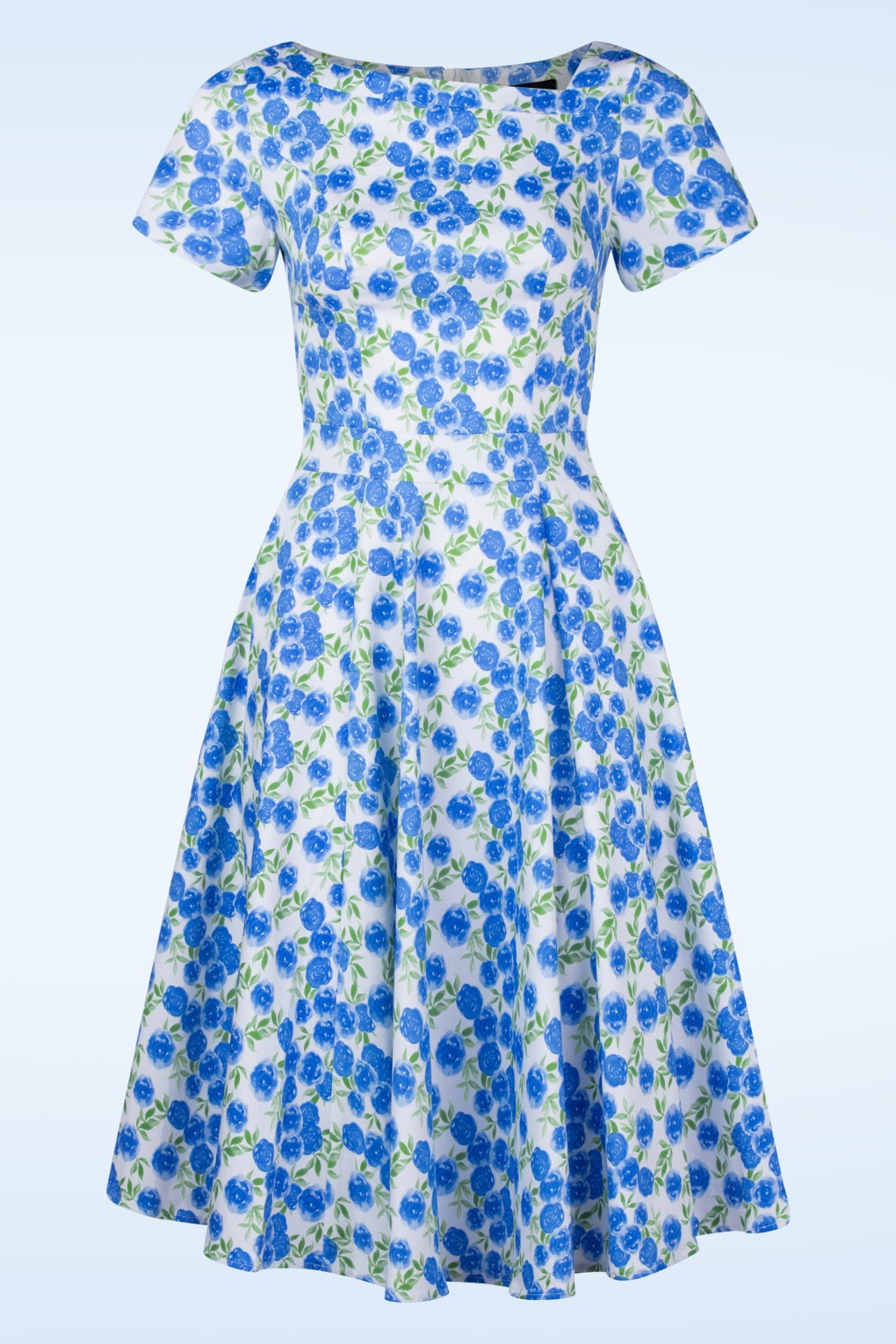 Isabella bloemen swing jurk in wit en korenbloem blauw