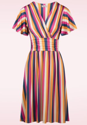 Topvintage exclusive ~ Sadie Stripes swing jurk in mosterdgeel en multi
