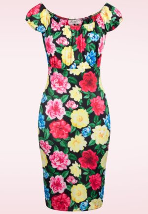 Topvintage exclusive ~ Ivy pencil jurk met bloemen in zwart en multi