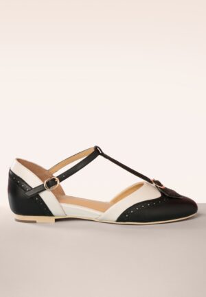 Parisienne t-strap flats in zwart en crème