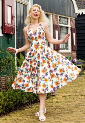 Bettie Tropical Flower swing jurk in wit en multi