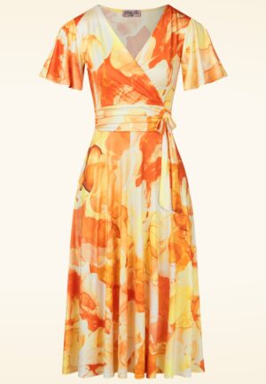 Topvintage exclusive ~ Irene Aquarel Cross Over swing jurk in oranje en geel