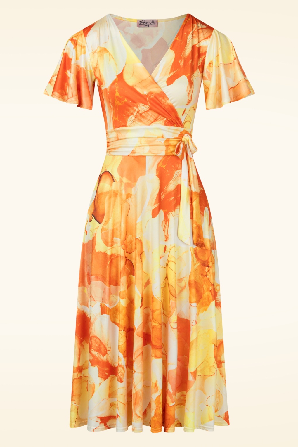 Topvintage exclusive ~ Irene Aquarel Cross Over swing jurk in oranje en geel