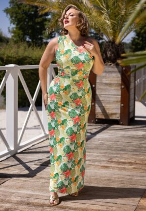 Topvintage exclusive ~ Olga Tropical Leaves One Shoulder maxi jurk in groen