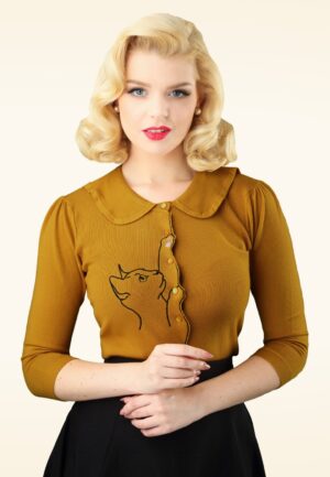 Cat Scallop Collar cardigan in mosterdgeel