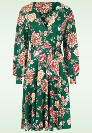 Topvintage exclusive ~ Blooming Belle slinky swing jurk in groen en multi