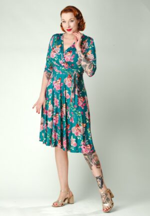 Topvintage exclusive ~ Aria Floral swing jurk in teal