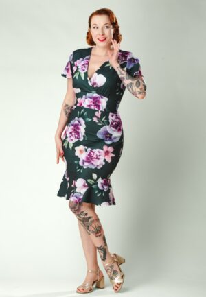 Topvintage exclusive ~ Katie Floral Jacquard pencil jurk in donkergroen en paars