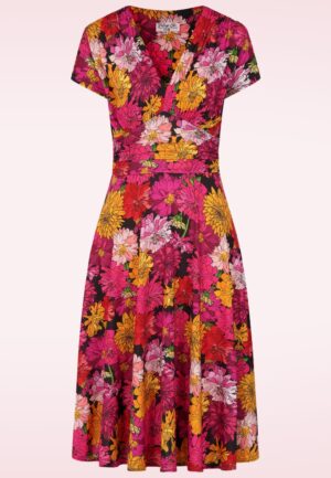 Topvintage exclusive ~ Sarah Flower slinky swing jurk in roze en multi
