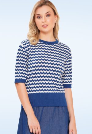 Gianna katoenen zigzag gebreide top in blauw en wit