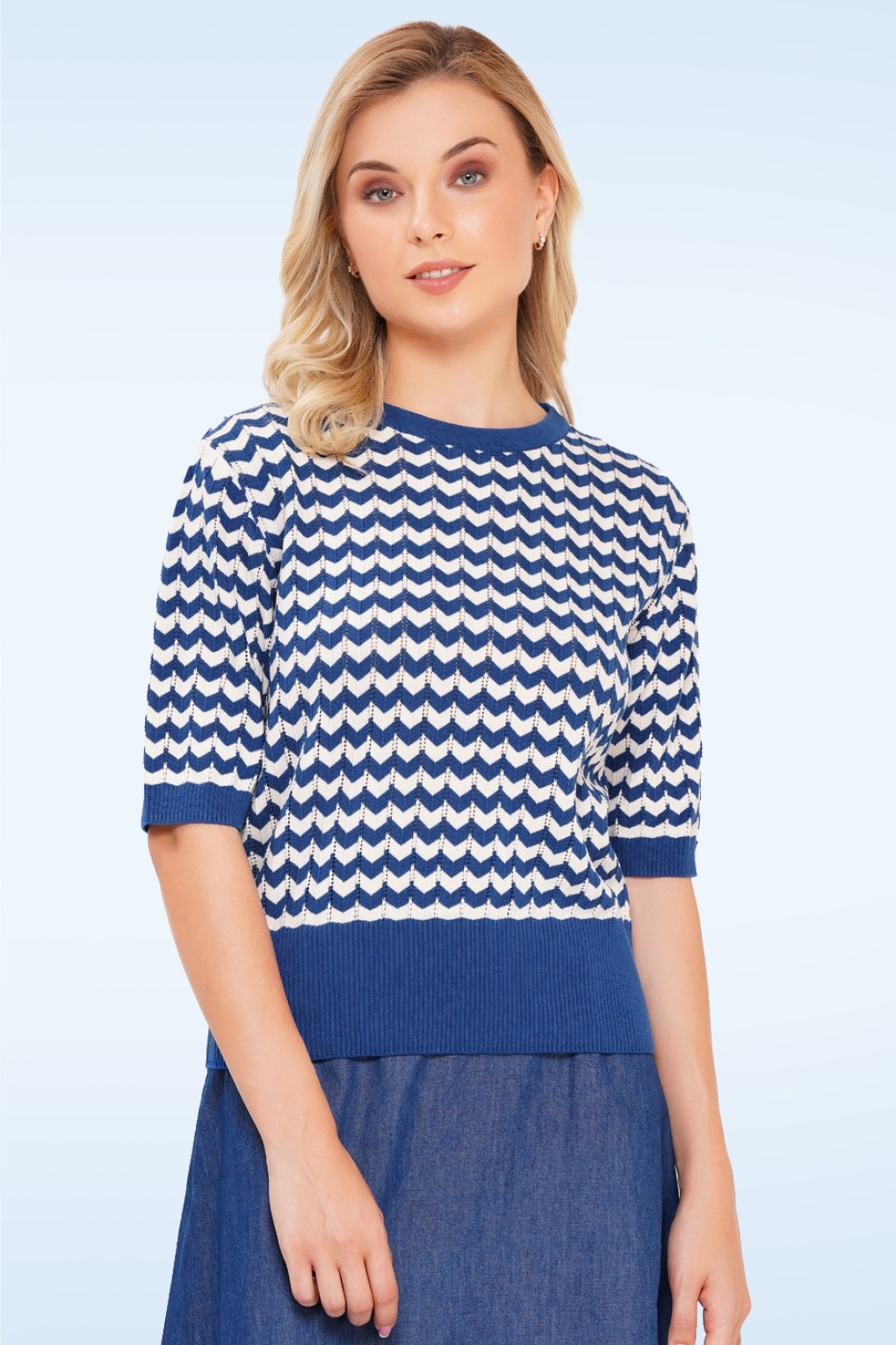 Gianna katoenen zigzag gebreide top in blauw en wit
