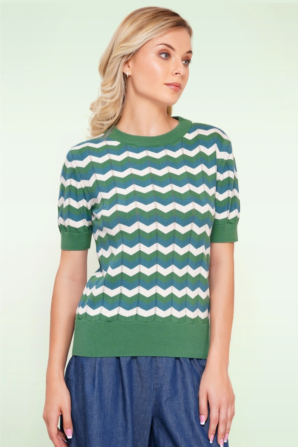 Gianna katoenen zigzag gebreide top in groen en multi