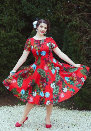 Scarlet Garden swing jurk in rood en multi
