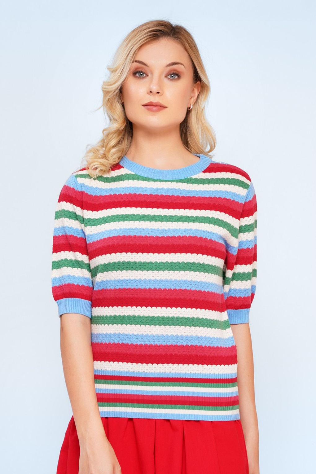 Milla katoenen gestreepte gebreide top in rood en multi