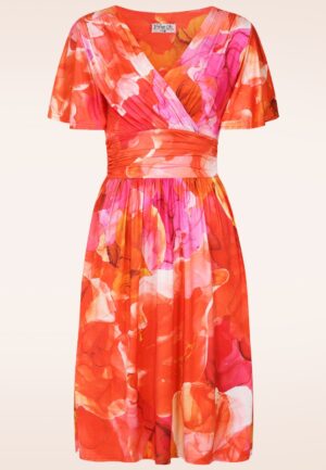 Topvintage exclusive ~ Sadie aquarel overslag swing jurk in oranje en roze