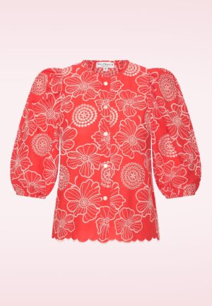 Betsy Calina klaproos katoenen broderie blouse in koraal