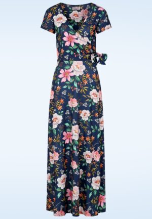 Topvintage exclusive ~ Lori Floral Cross Over maxi jurk in navy en multi