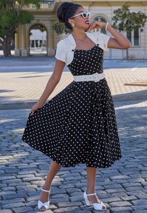 Jenna May Lou bolero polka dot swing jurk in zwart en wit