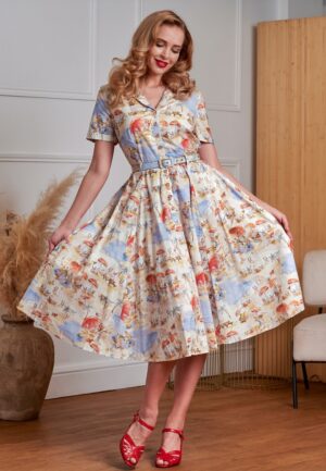 Bella Retro Beach swing jurk in crème en multi