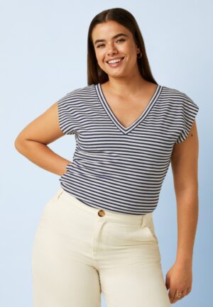 Double V Mariniere Stripe top in beacon blauw
