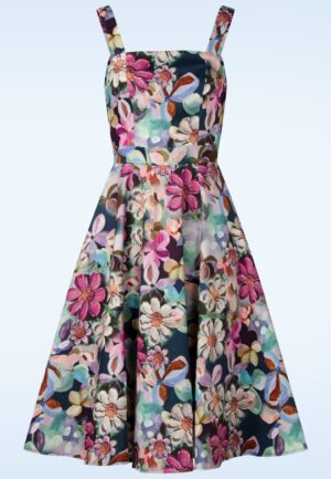 Topvintage exclusive ~ Livia Blossom swing jurk in donkerblauw en multi