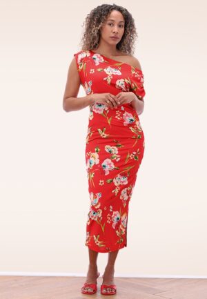 Clementine Floral pencil jurk in koraal en multi