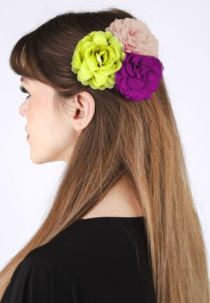 Haarbloemen set in yellow olive, violet pink en powder pink