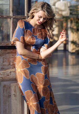 Rene Flower maxi jurk in blauw en bruin