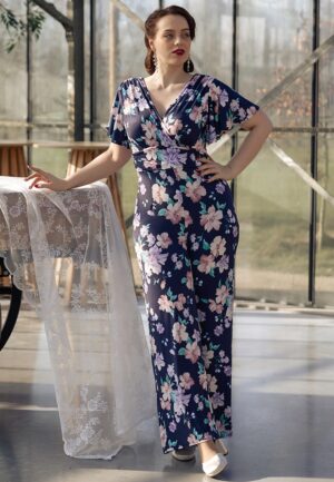 Topvintage exclusive ~ Petal Parade jumpsuit in marineblauw