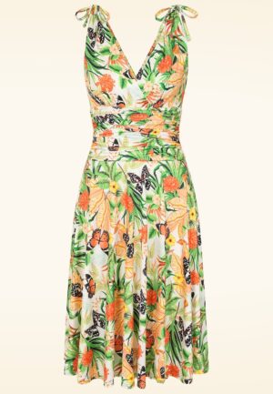 Topvintage Exclusive ~ Grecian tropical vlinder jurk in wit en en oranje