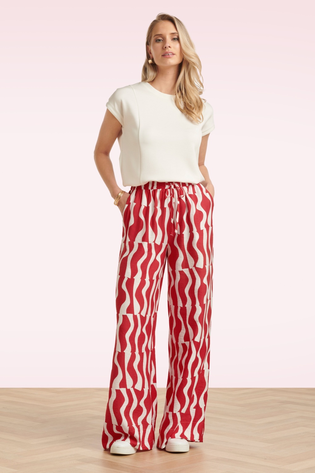 Summer Sangria pantalon met wijde pijpen in rood en wit