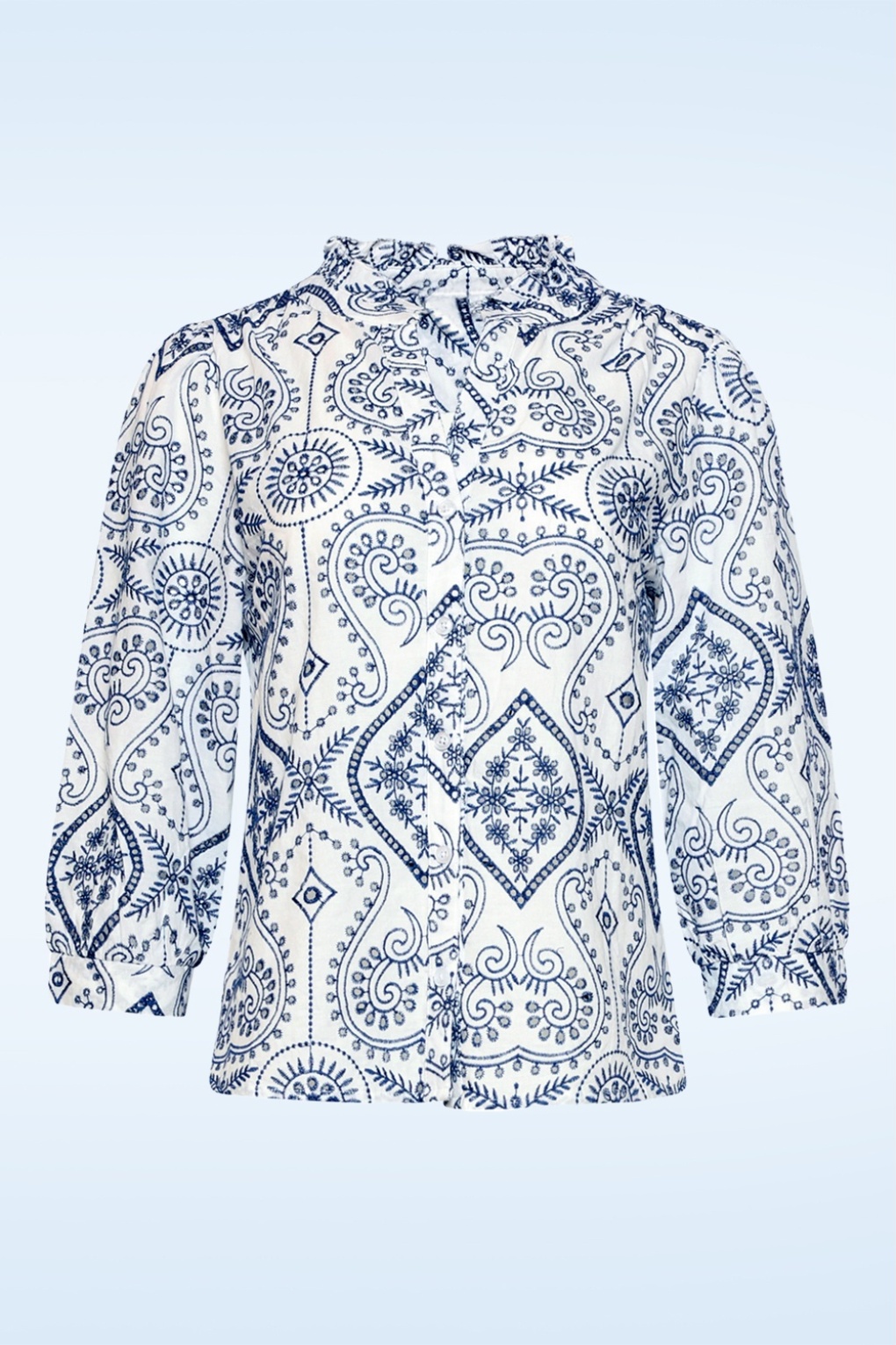 Victoria broderie katoenen blouse in wit en marineblauw