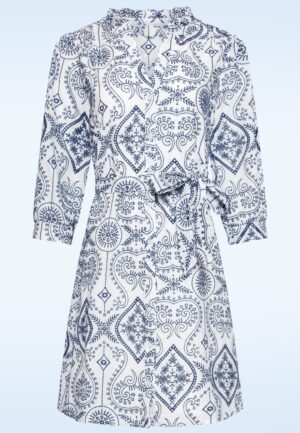 Victoria broderie katoenen jurk in wit en marineblauw