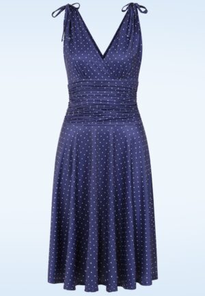 Topvintage Exclusive ~ Grecian pin dot jurk in marineblauw