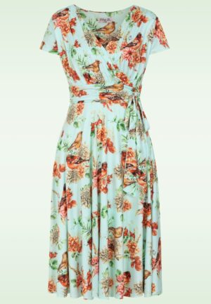 Topvintage exclusive ~ Andi Floral Bird swing jurk in aqua
